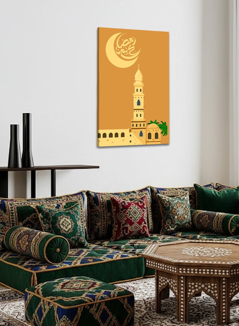 لوحة كانفاس على إطار خشبي بتصميم رمضان كريم مع هلال رمضان ومسجد - Image 3